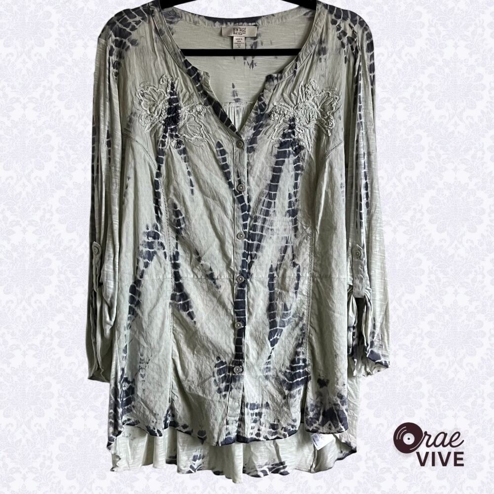 Vintage America Womens 1X Soft Seafoam Tie-Dye 100% Cotton Tunic [🌿]